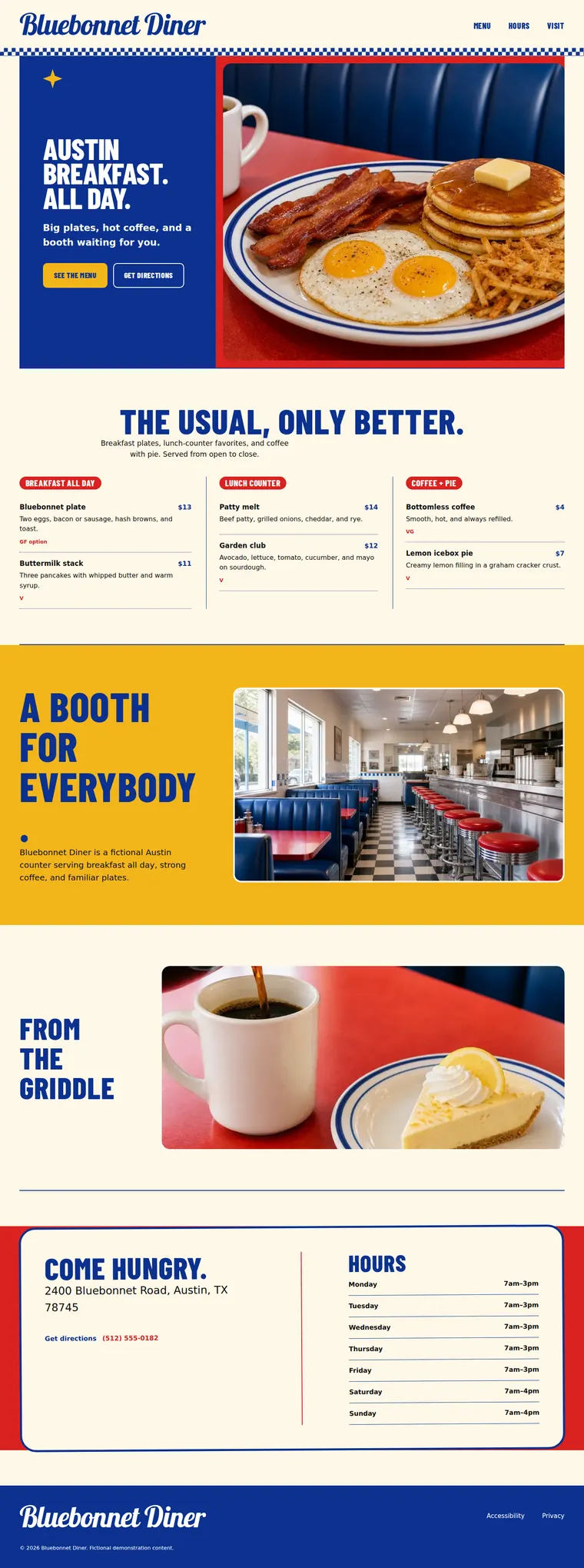 Full scrolling website for Bluebonnet Diner, a fictional diner