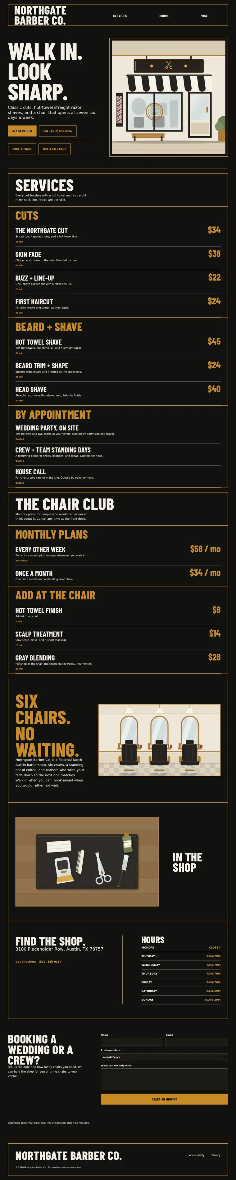 Full scrolling website for Northgate Barber Co., a fictional barbershop